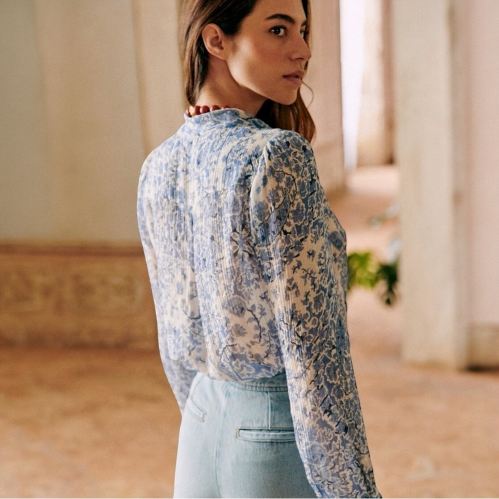 Sezane Amelia Blue and White Floral V Neck Faux Wrap Blouse - Picture 3 of 13